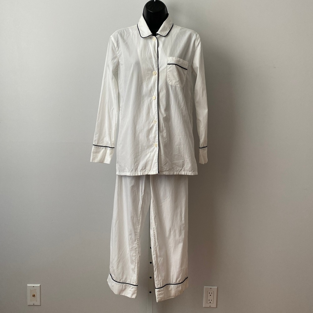 J.Crew XXS White Pajama Set Cotton Piping Long Sleeve Sleepwear Loungewear